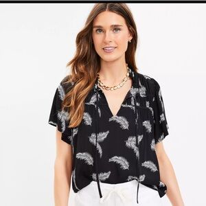 LOFT NWT Palm Ruched Ruffle Tie Neck Top